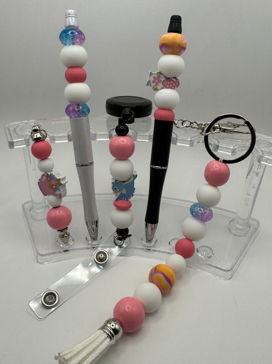 6 Piece Set (Kindness Keychain, Badge Holder, 2 Pullies & 2 Pens) (2) Pink