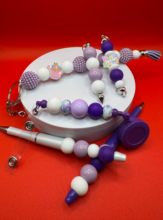 6 Piece Set (Kindness Keychain, Badge Holder, 2 Pullies & 2 Pens) (1) Purple
