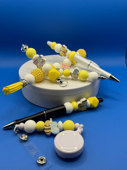6 Piece Set (Kindness Keychain, Badge Holder, 2 Pullies & 2 Pens) (4) Yellow