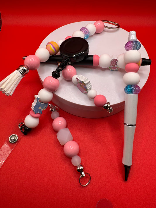 6 Piece Set (Kindness Keychain, Badge Holder, 2 Pullies & 2 Pens) (2) Pink