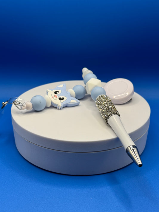 Badge Holder & Pen Set / White Bling & Soft Blue