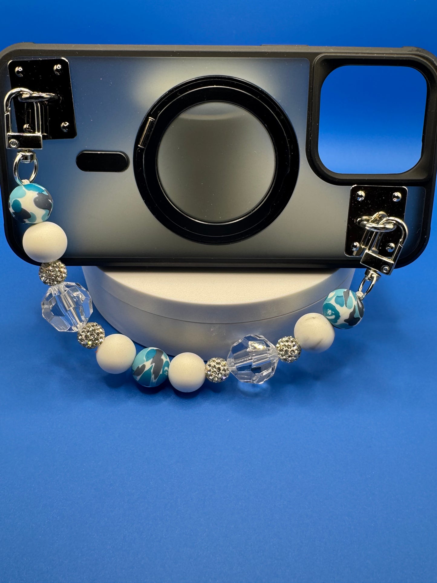 Sassy Phone Strap / Blue Swirls & Bling & Clear