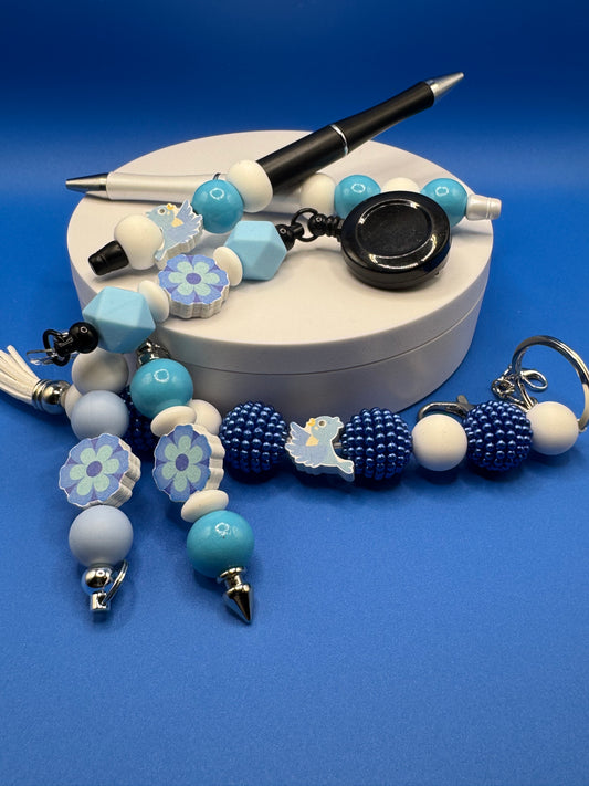 6 Piece Set (Kindness Keychain, Badge Holder, 2 Pullies & 2 Pens) Blue