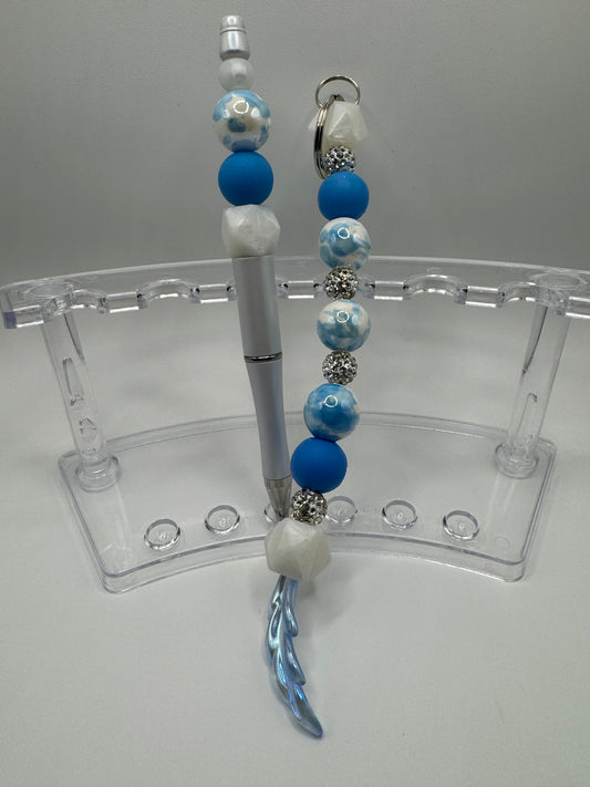 Keychain & Pen Set / Silver, Blue, Marble & Bling