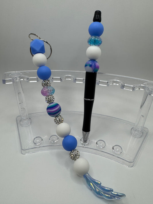 Keychain & Pen Set / Silver, Blue, Marble & Bling