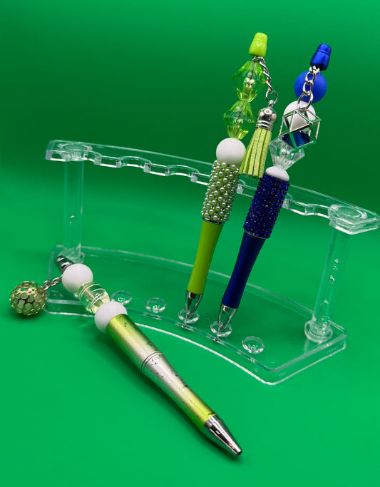 Raindrop Pens - Clear Green Lines & Gold Dangle Ball